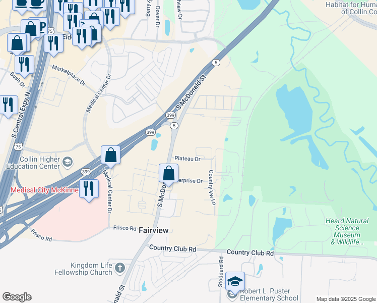 map of restaurants, bars, coffee shops, grocery stores, and more near 175 Plateau Drive in McKinney