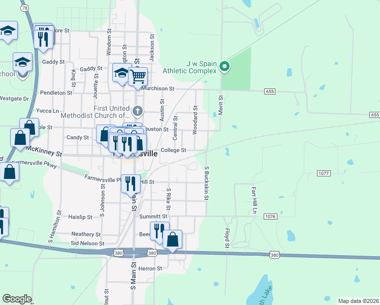 map of restaurants, bars, coffee shops, grocery stores, and more near 318 College Street in Farmersville