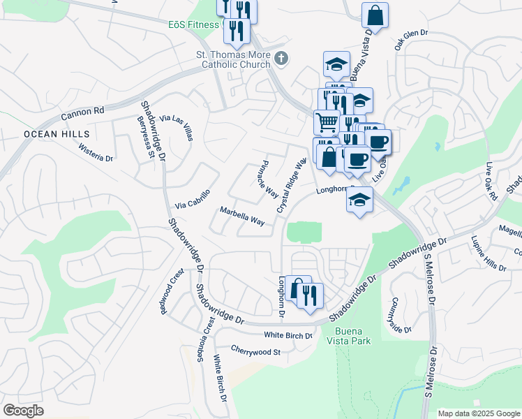 map of restaurants, bars, coffee shops, grocery stores, and more near 1839 Olympus Loop Drive in Vista