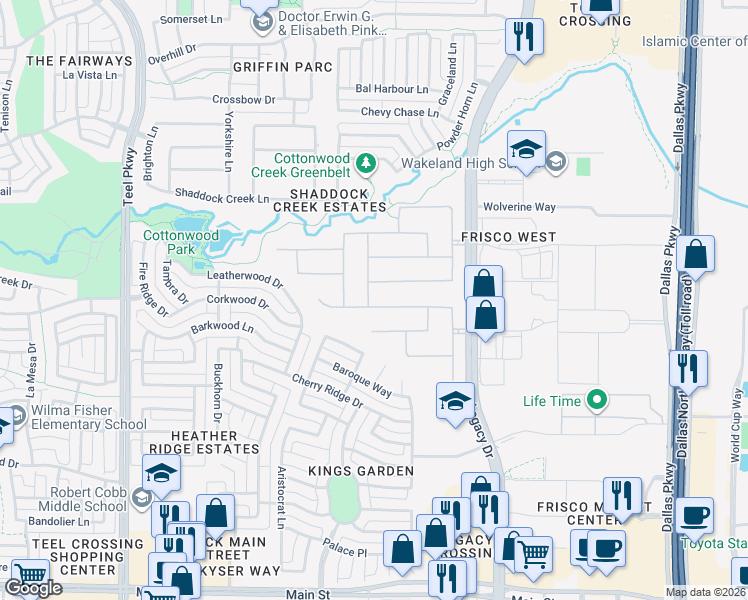 map of restaurants, bars, coffee shops, grocery stores, and more near 4052 Forest Park Lane in Frisco