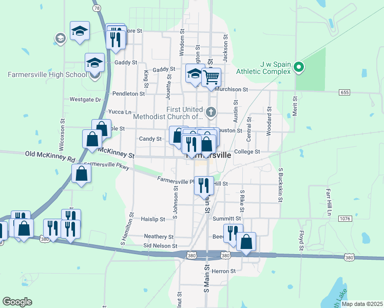 map of restaurants, bars, coffee shops, grocery stores, and more near 208 McKinney Street in Farmersville
