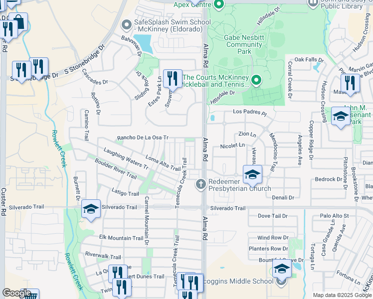 map of restaurants, bars, coffee shops, grocery stores, and more near 3605 Temecula Creek Trail in McKinney
