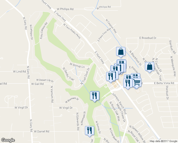 map of restaurants, bars, coffee shops, grocery stores, and more near 31317 North Trail Dust Drive in Queen Creek