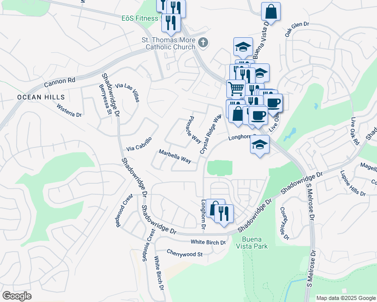 map of restaurants, bars, coffee shops, grocery stores, and more near 1839 Olympus Loop Drive in Vista