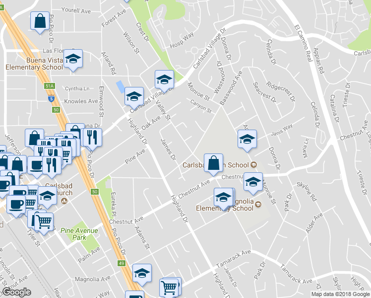 map of restaurants, bars, coffee shops, grocery stores, and more near 3335 Valley Street in Carlsbad