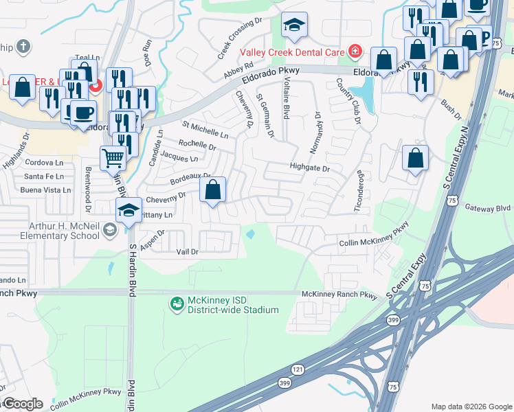 map of restaurants, bars, coffee shops, grocery stores, and more near 2304 Sherbrooke Lane in McKinney