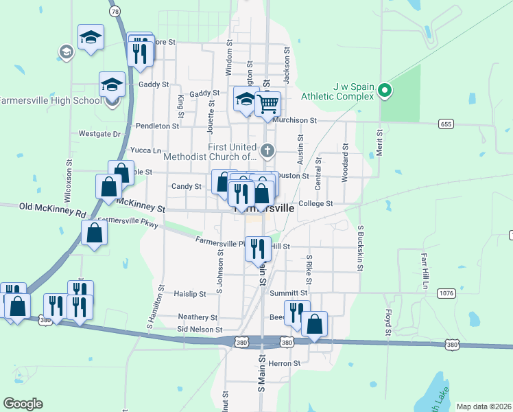 map of restaurants, bars, coffee shops, grocery stores, and more near 110 McKinney Street in Farmersville