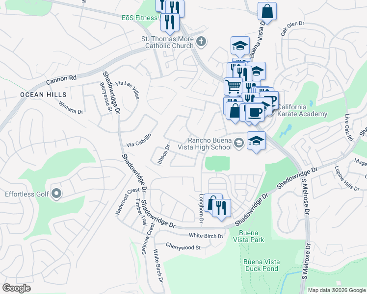 map of restaurants, bars, coffee shops, grocery stores, and more near 1831 Olympus Loop Drive in Vista