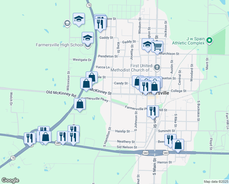map of restaurants, bars, coffee shops, grocery stores, and more near 512 McKinney Street in Farmersville
