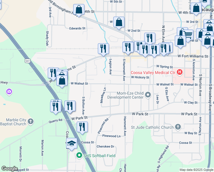 map of restaurants, bars, coffee shops, grocery stores, and more near 200 Meadow Lane in Sylacauga