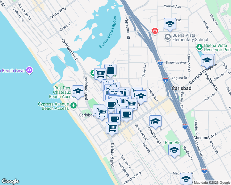 map of restaurants, bars, coffee shops, grocery stores, and more near 2674 Roosevelt Street in Carlsbad