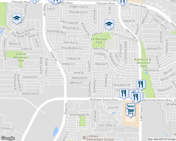 map of restaurants, bars, coffee shops, grocery stores, and more near 3708 Lauren Drive in McKinney