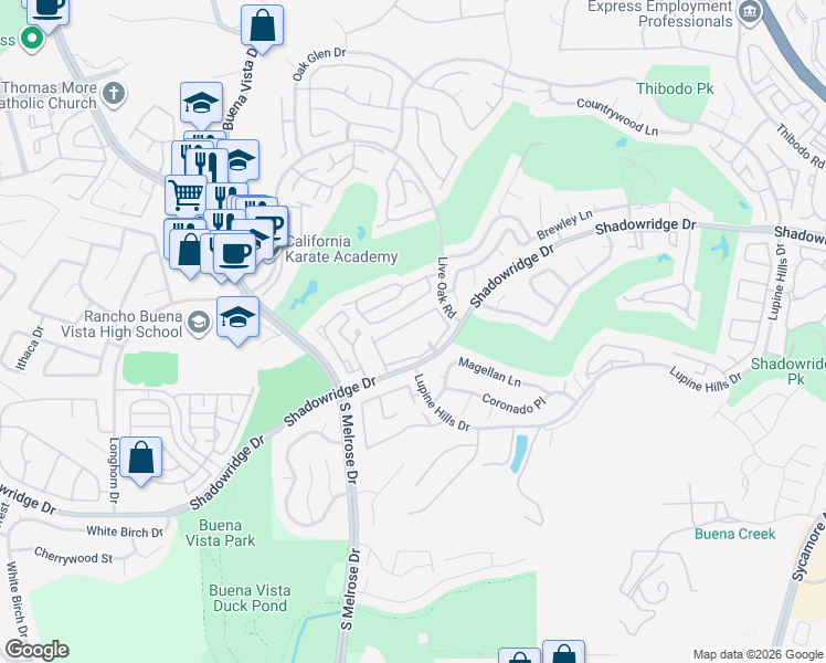 map of restaurants, bars, coffee shops, grocery stores, and more near 1500 Shadowridge Drive in Vista