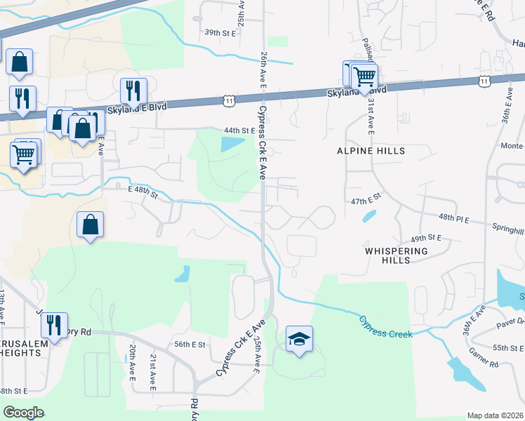 map of restaurants, bars, coffee shops, grocery stores, and more near 2540 48th Place East in Tuscaloosa