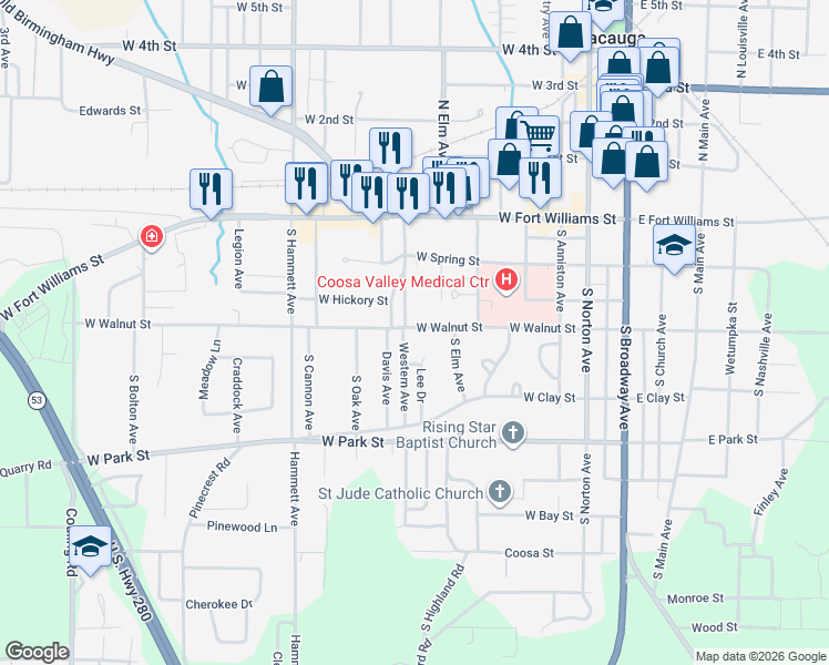 map of restaurants, bars, coffee shops, grocery stores, and more near 411 West Walnut Street in Sylacauga
