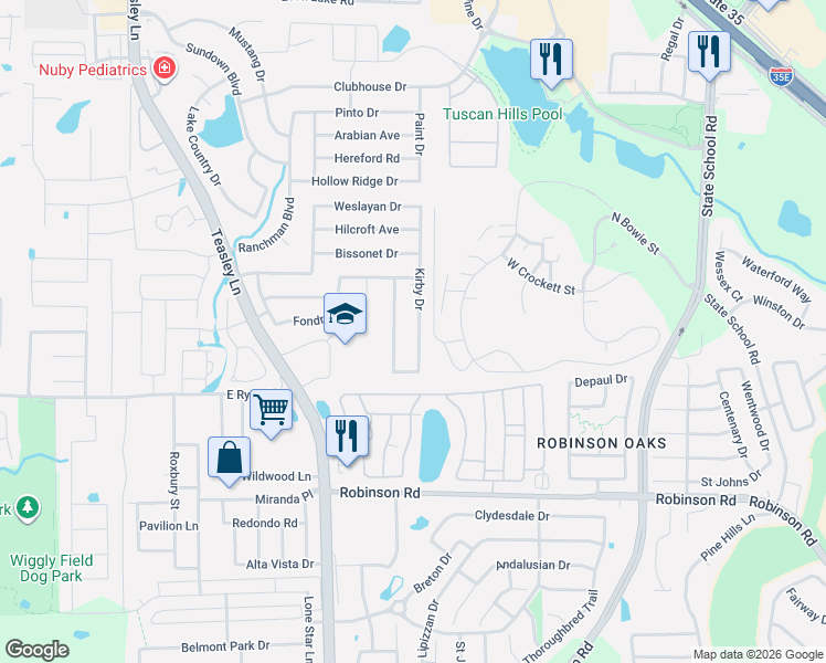 map of restaurants, bars, coffee shops, grocery stores, and more near 3905 Chimney Rock Drive in Denton