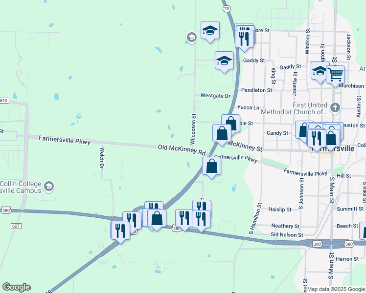 map of restaurants, bars, coffee shops, grocery stores, and more near 1116 Farmersville Parkway in Farmersville