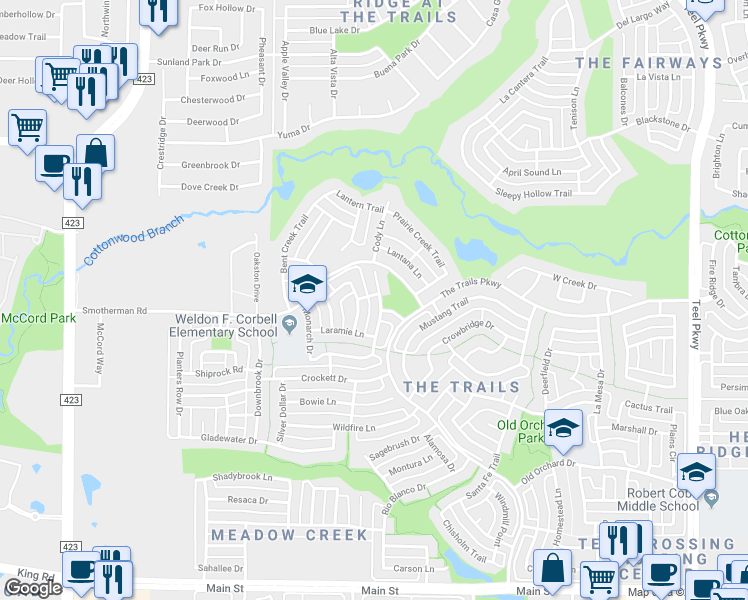map of restaurants, bars, coffee shops, grocery stores, and more near 11257 Deep Canyon Trail in Frisco