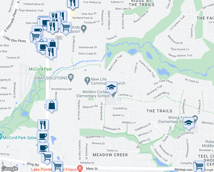 map of restaurants, bars, coffee shops, grocery stores, and more near 11359 Bent Creek Trail in Frisco