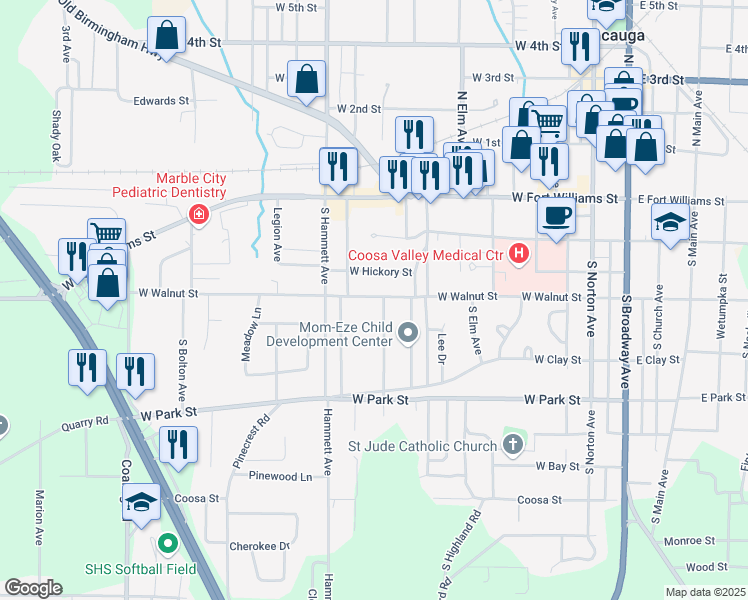 map of restaurants, bars, coffee shops, grocery stores, and more near 703 West Walnut Street in Sylacauga