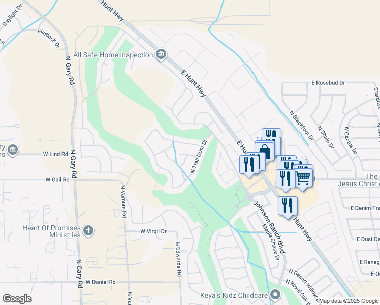 map of restaurants, bars, coffee shops, grocery stores, and more near 358 West Chuckwagon Lane in San Tan Valley