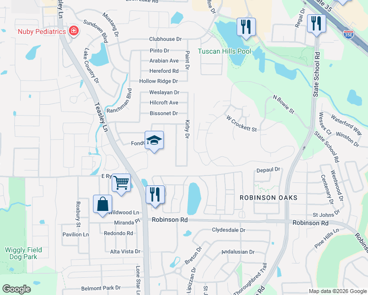 map of restaurants, bars, coffee shops, grocery stores, and more near 3905 Chimney Rock Drive in Denton
