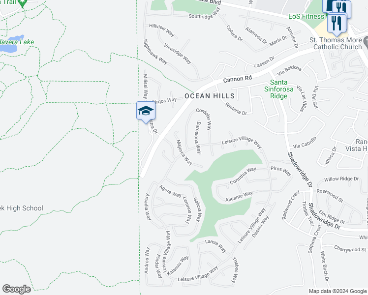 map of restaurants, bars, coffee shops, grocery stores, and more near 4693 Cordoba Way in Oceanside