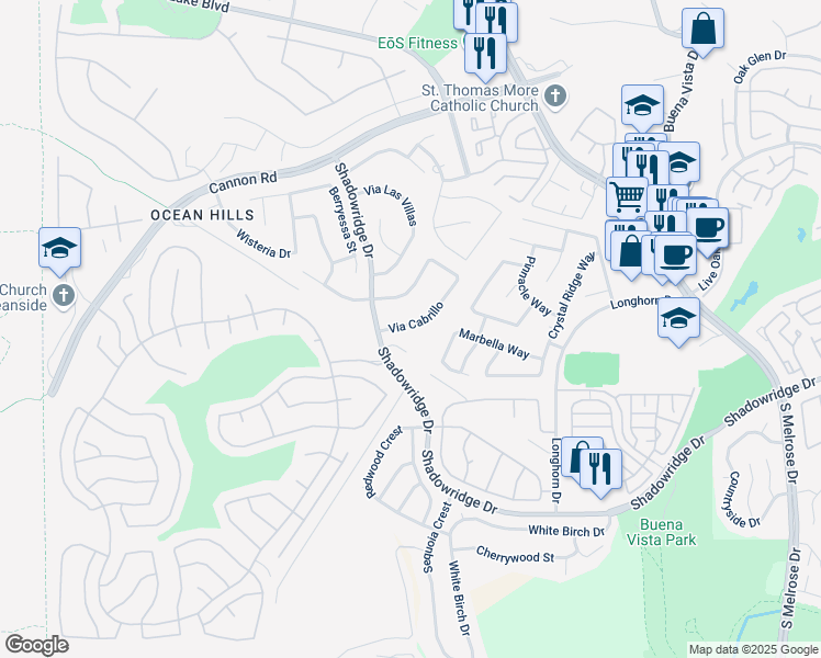map of restaurants, bars, coffee shops, grocery stores, and more near 3729 Via Cabrillo in Oceanside