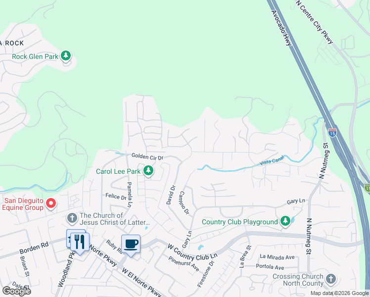 map of restaurants, bars, coffee shops, grocery stores, and more near 1739 Larkhaven Glen in Escondido