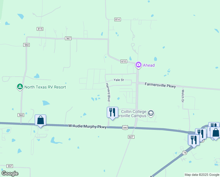 map of restaurants, bars, coffee shops, grocery stores, and more near 1907 Princeton Avenue in Farmersville