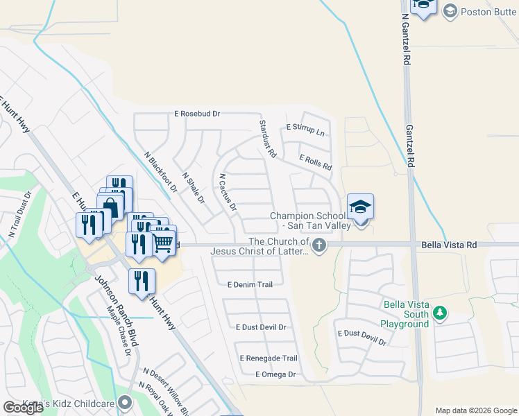 map of restaurants, bars, coffee shops, grocery stores, and more near 1133 East Poncho Lane in San Tan Valley