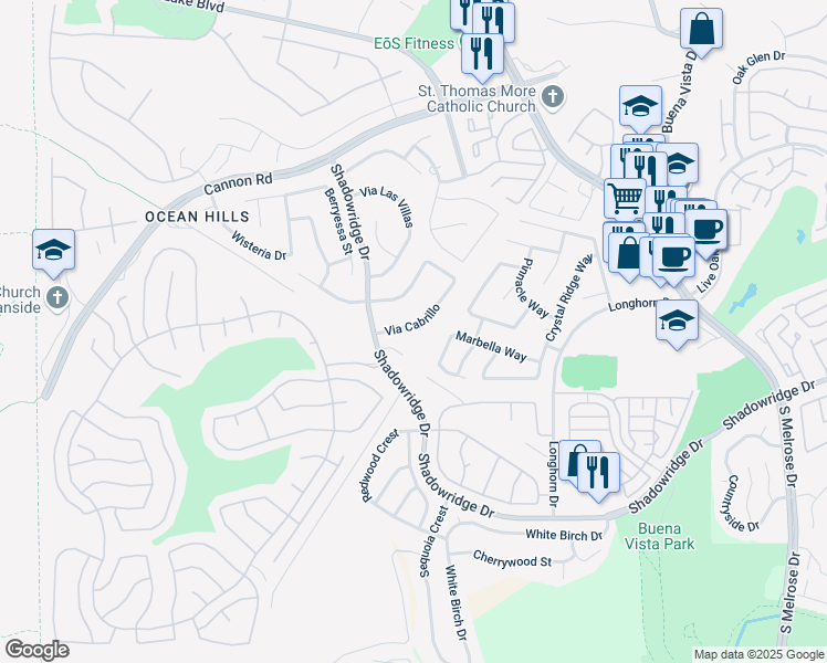 map of restaurants, bars, coffee shops, grocery stores, and more near 3729 Via Cabrillo in Oceanside