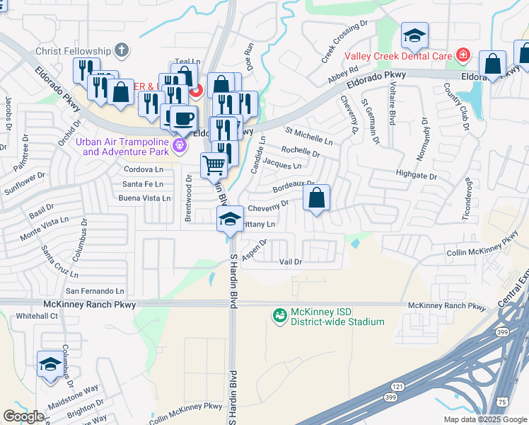 map of restaurants, bars, coffee shops, grocery stores, and more near 2907 Cheverny Drive in McKinney