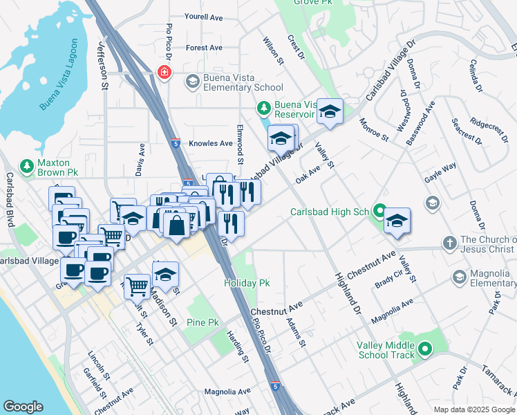 map of restaurants, bars, coffee shops, grocery stores, and more near 1272 Oak Avenue in Carlsbad