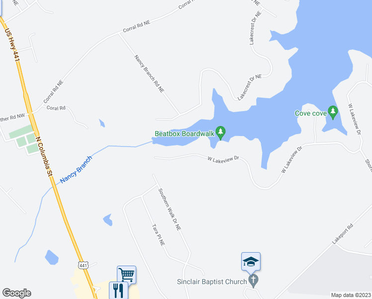 map of restaurants, bars, coffee shops, grocery stores, and more near 309 West Lakeview Drive in Milledgeville