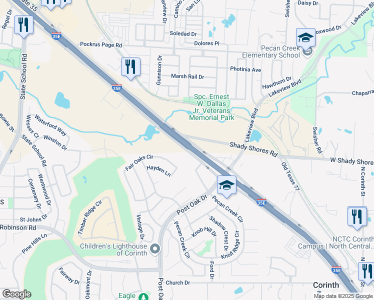 map of restaurants, bars, coffee shops, grocery stores, and more near 6651 South Interstate 35 in Denton