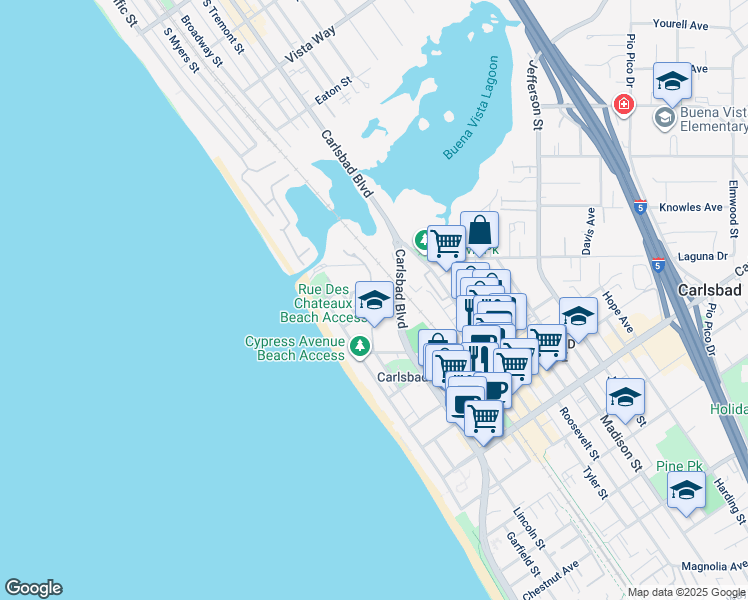 map of restaurants, bars, coffee shops, grocery stores, and more near 250 Pacific Avenue in Carlsbad