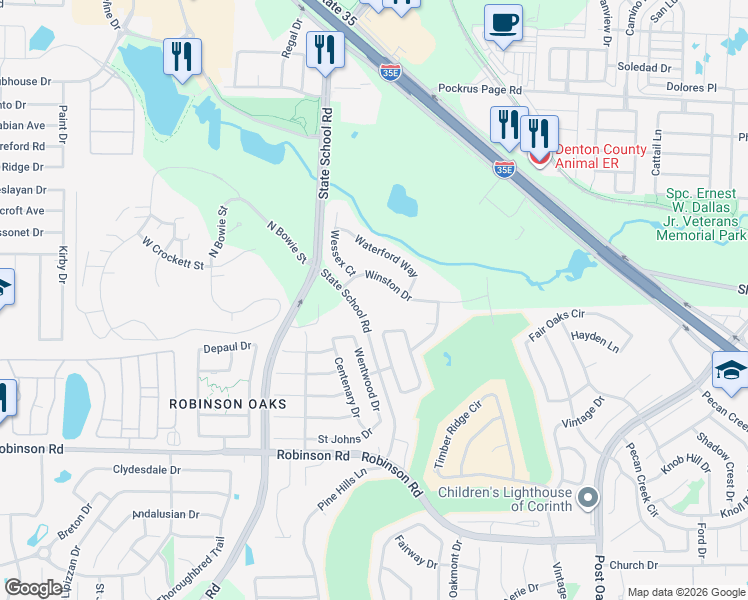 map of restaurants, bars, coffee shops, grocery stores, and more near 3901 State School Road in Corinth