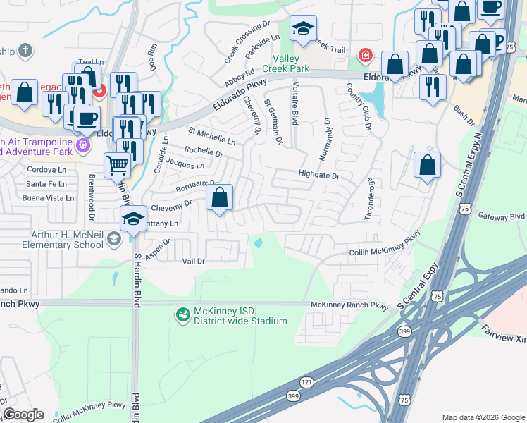 map of restaurants, bars, coffee shops, grocery stores, and more near 2304 Sherbrooke Lane in McKinney
