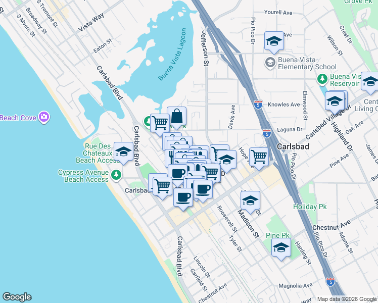 map of restaurants, bars, coffee shops, grocery stores, and more near 2672 Roosevelt Street in Carlsbad