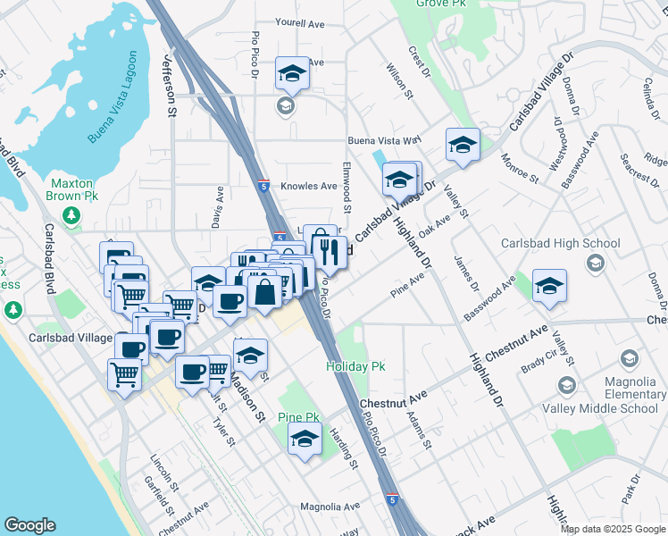 map of restaurants, bars, coffee shops, grocery stores, and more near 1207 Carlsbad Village Drive in Carlsbad
