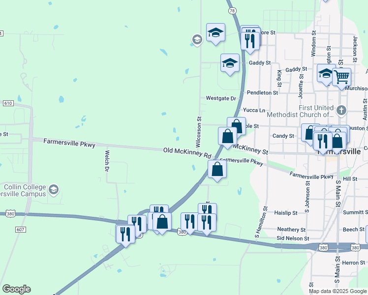 map of restaurants, bars, coffee shops, grocery stores, and more near 1116 Farmersville Parkway in Farmersville