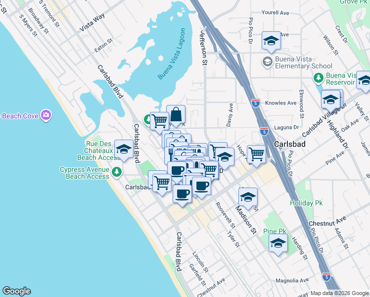 map of restaurants, bars, coffee shops, grocery stores, and more near 2672 Roosevelt Street in Carlsbad
