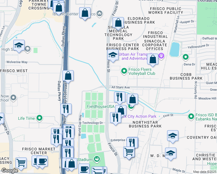 map of restaurants, bars, coffee shops, grocery stores, and more near 7393 All Stars Avenue in Frisco
