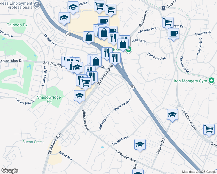 map of restaurants, bars, coffee shops, grocery stores, and more near 718 Sycamore Avenue in Vista
