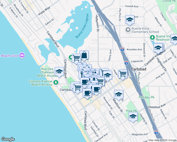 map of restaurants, bars, coffee shops, grocery stores, and more near 2664 Roosevelt Street in Carlsbad