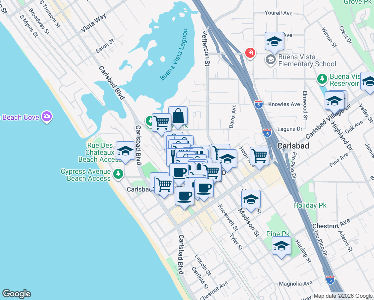 map of restaurants, bars, coffee shops, grocery stores, and more near 2662 Roosevelt Street in Carlsbad