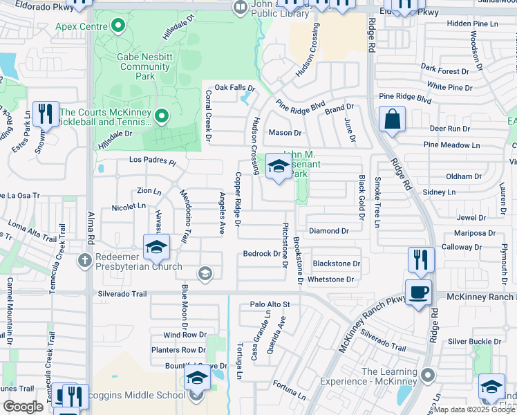 map of restaurants, bars, coffee shops, grocery stores, and more near 5748 Touchstone Drive in McKinney
