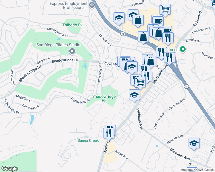 map of restaurants, bars, coffee shops, grocery stores, and more near 600 Optimist Way in Vista