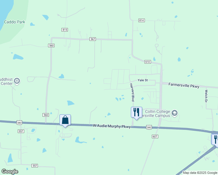 map of restaurants, bars, coffee shops, grocery stores, and more near Hannah Drive in Farmersville